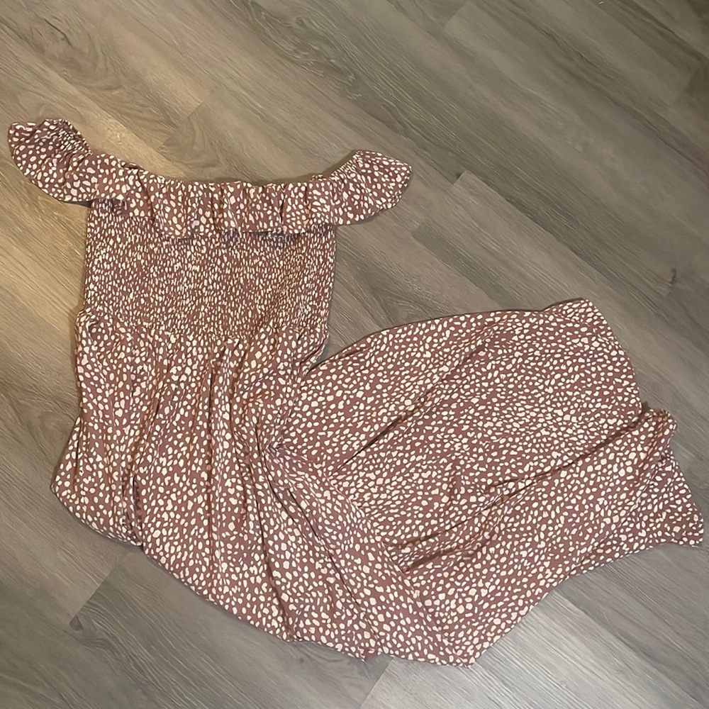 Vine & Love purple off shoulder maxi dress with white dots & shoulder straps